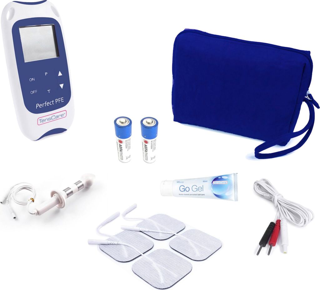 A collection of items for a pelvic floor trainer, including the device, batteries, gel, electrodes, and a storage bag.
