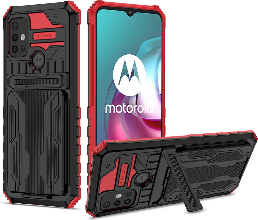 Moto G30 Hülle, Hybrid Robust Schutz Stoßfest Schutzhülle mit Kartenhalter Ständer für Motorola Moto G30 Rot