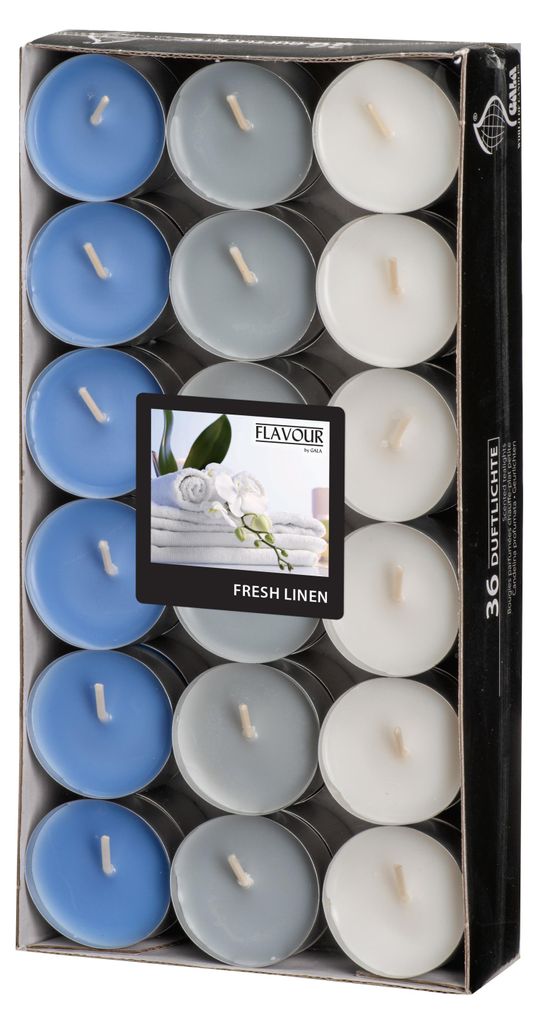 36 Gala Flavour by GALA Duftlichte Ø 38 mm, 17 mm weiss - Fresh Linen Ton in Ton 96977 Teelichte Duftkerzen