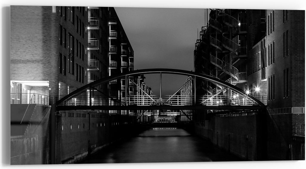 DEQORI Glasbild Echtglas 60x30 cm 'Brücken bei Nacht' Wandbild Bild modern Deko