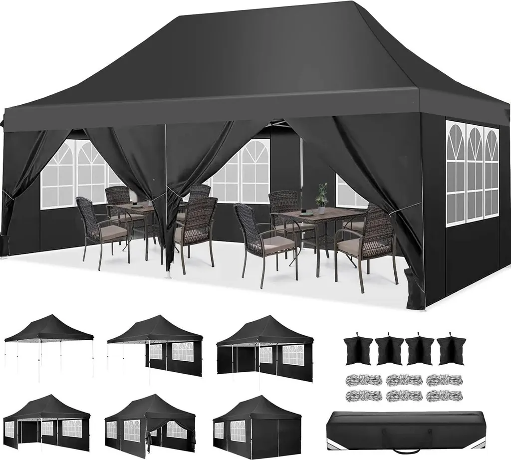Pavillon Pop-up 3x6m Noir Imperméable avec 6 Parois Latérales Amovibles