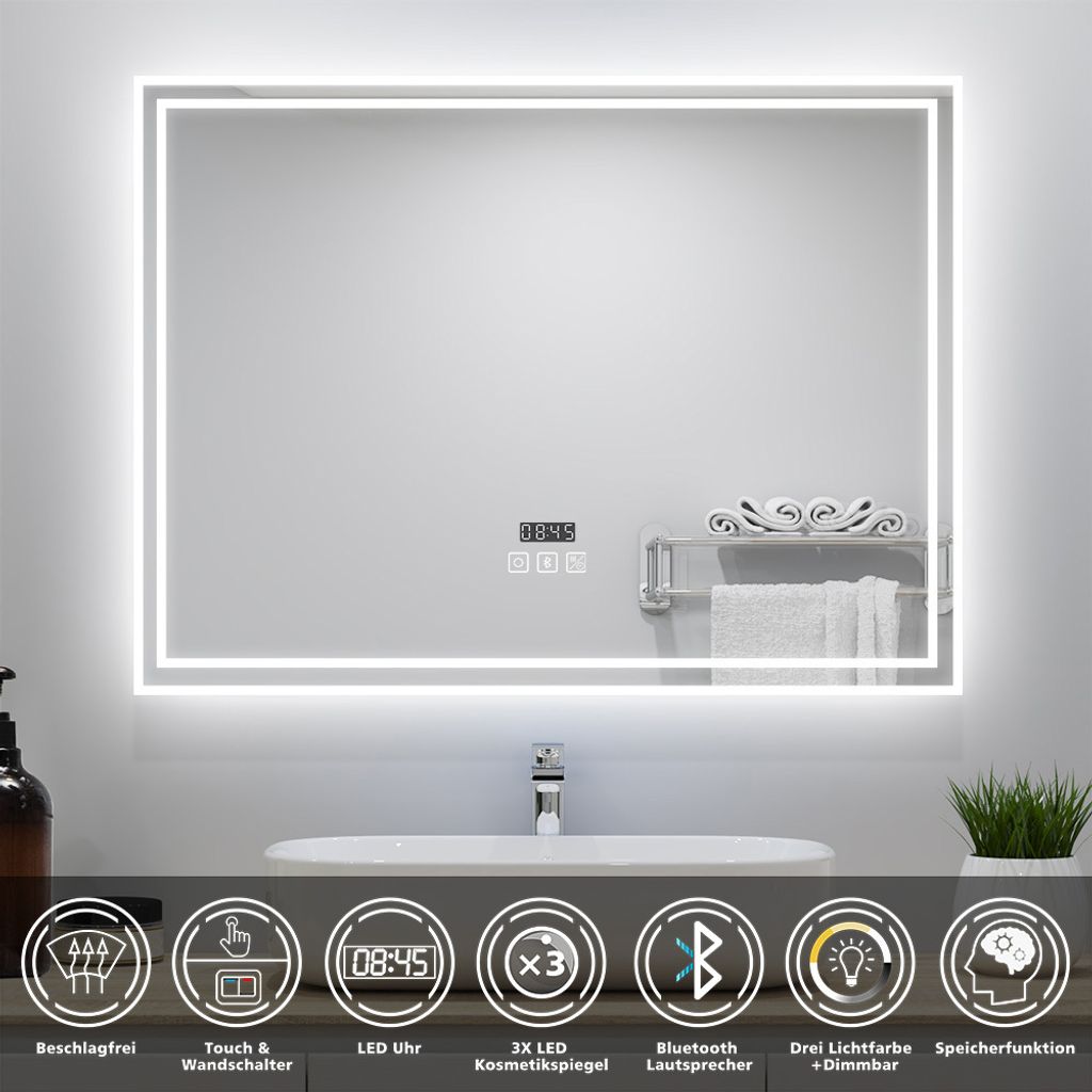 AICA LED Badspiegel 100x60cm mit Uhr Bluetooth Beschlagfrei Badezimmerspiegel 3 Lichtfarbe Kalt/Neutral/Warmweiß Dimmbar Memory-Funktion IP44