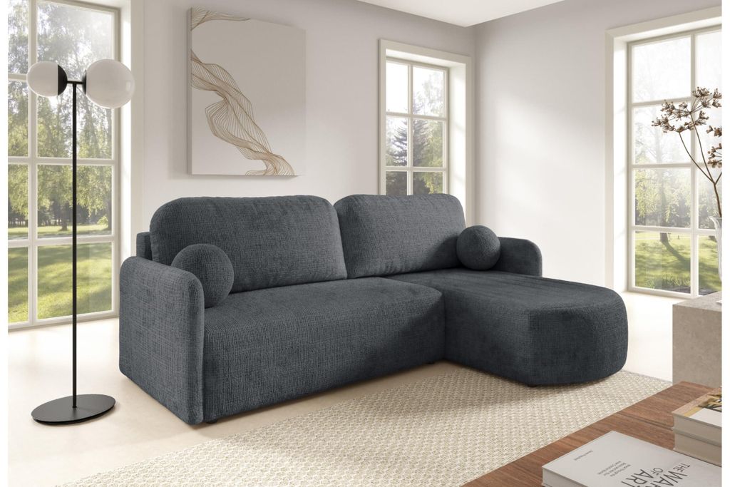 AlpiMeble L-förmiges Sofa Monoo, Modern Couch mit Stauraum, Ecksofa mit schlaffunktion, Eleganter Abriamo-Stoff, Schwarz