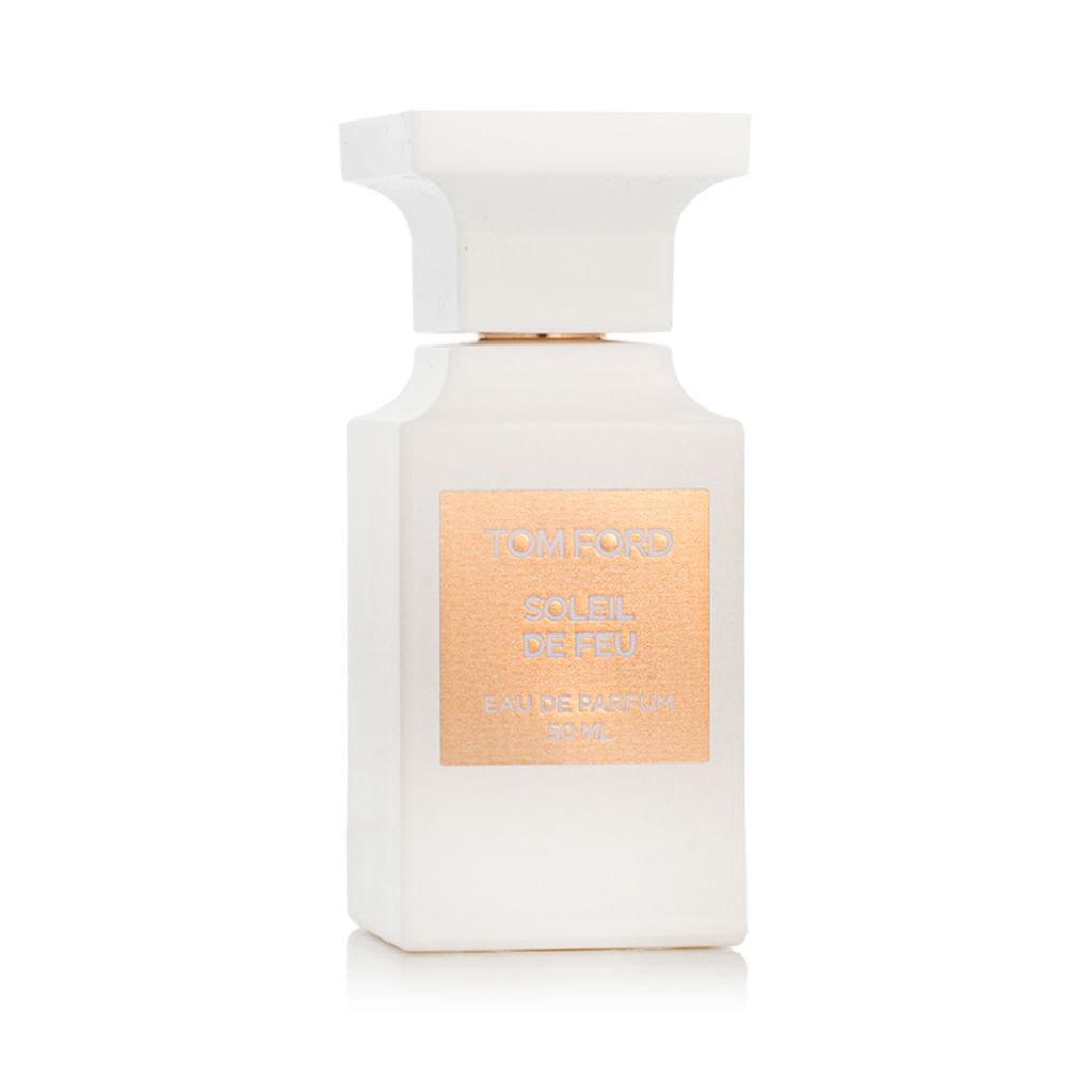 A white bottle of Tom Ford perfume on a white background.