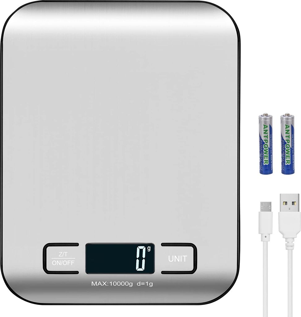 Digitale Küchenwaage bis 10kg, Präzise Haushaltswaage mit LCD-Display, Tara-Funktion, Silber Glasplattform, Elektronische Feinwaage & Briefwaage