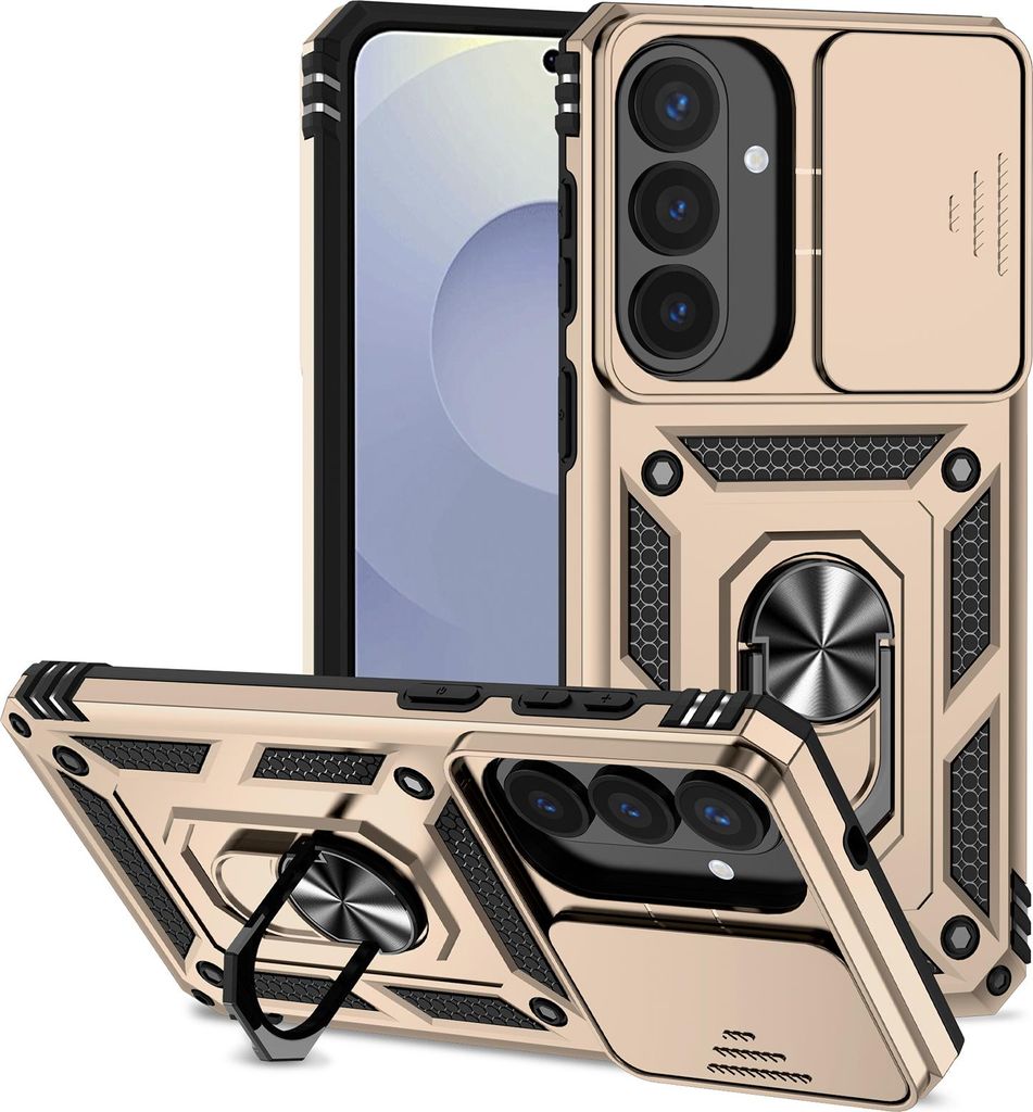 Galaxy S26+ Hülle mit Schiebe Kamera Schutz und Ringhalter Ständer Robust Rüstung Schutzhülle für Samsung Galaxy S26+ Gold