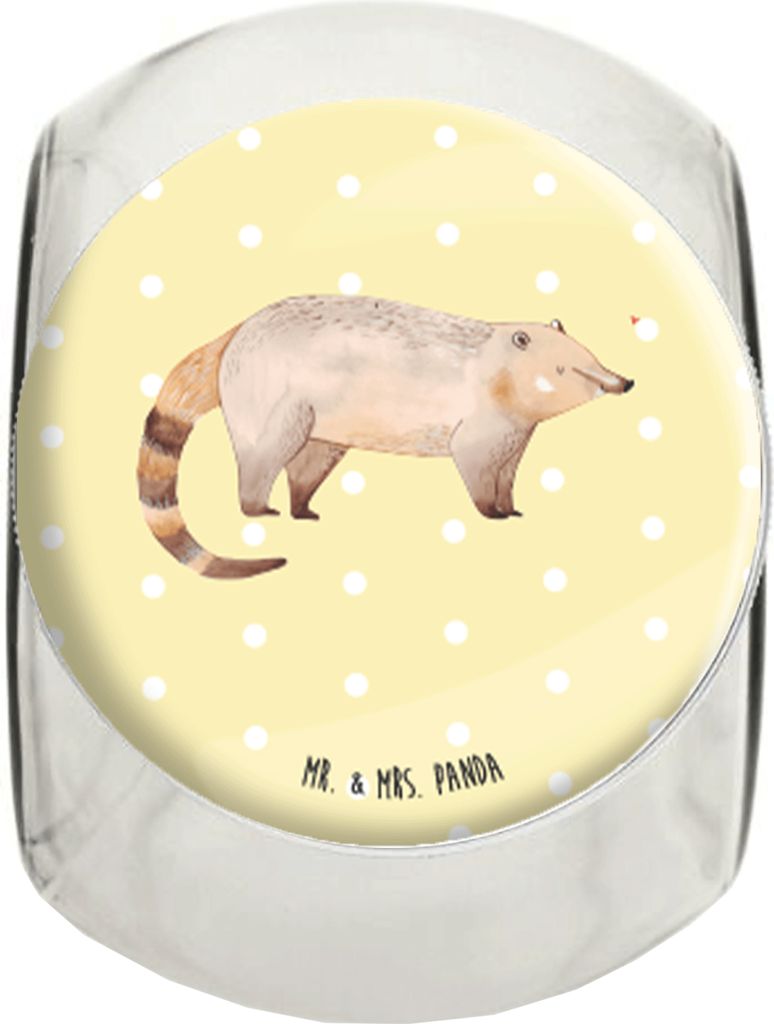 Mr. & Mrs. Panda Bonboniere Nasenbär XL 2000ml - Gelb Pastell - Geschenk, Frischhaltedose, Kaffeedose, glasbehälter, Tiermotive, Bär, Rüsselbä...