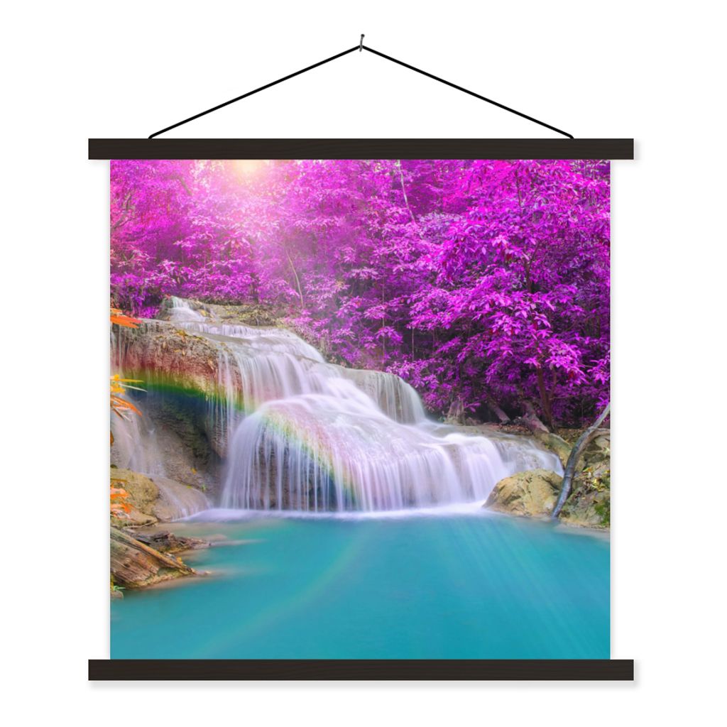 MuchoWow Textilposter Wasserfall - Bäume - Regenbogen - Lila 90x90 cm mit schwarzem Rahmen - Magnetisches