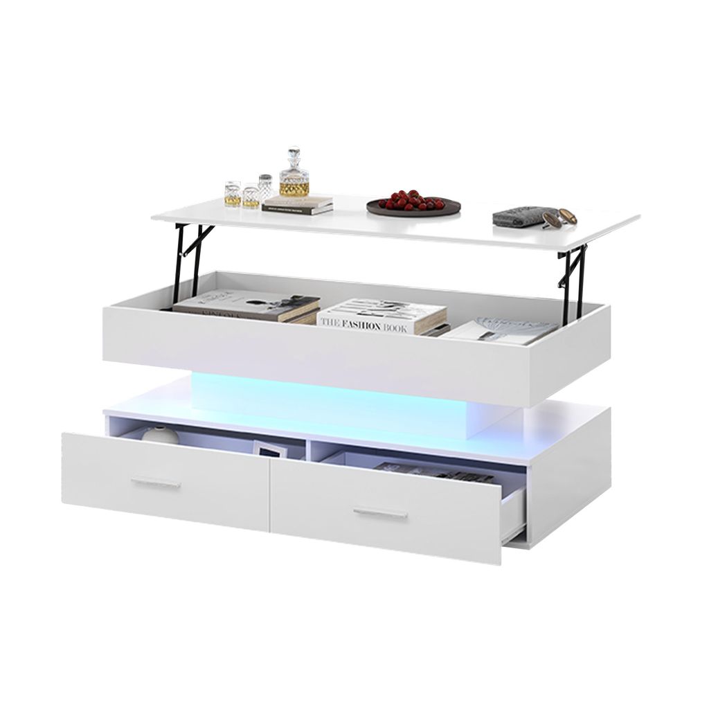 100*50*44cm hydraulisch höhenverstellbarer Couchtisch, mit LED-Beleuchtung, Bluetooth-APP-Steuerung, 2 Schubladen und offenem Stauraum,Weißer