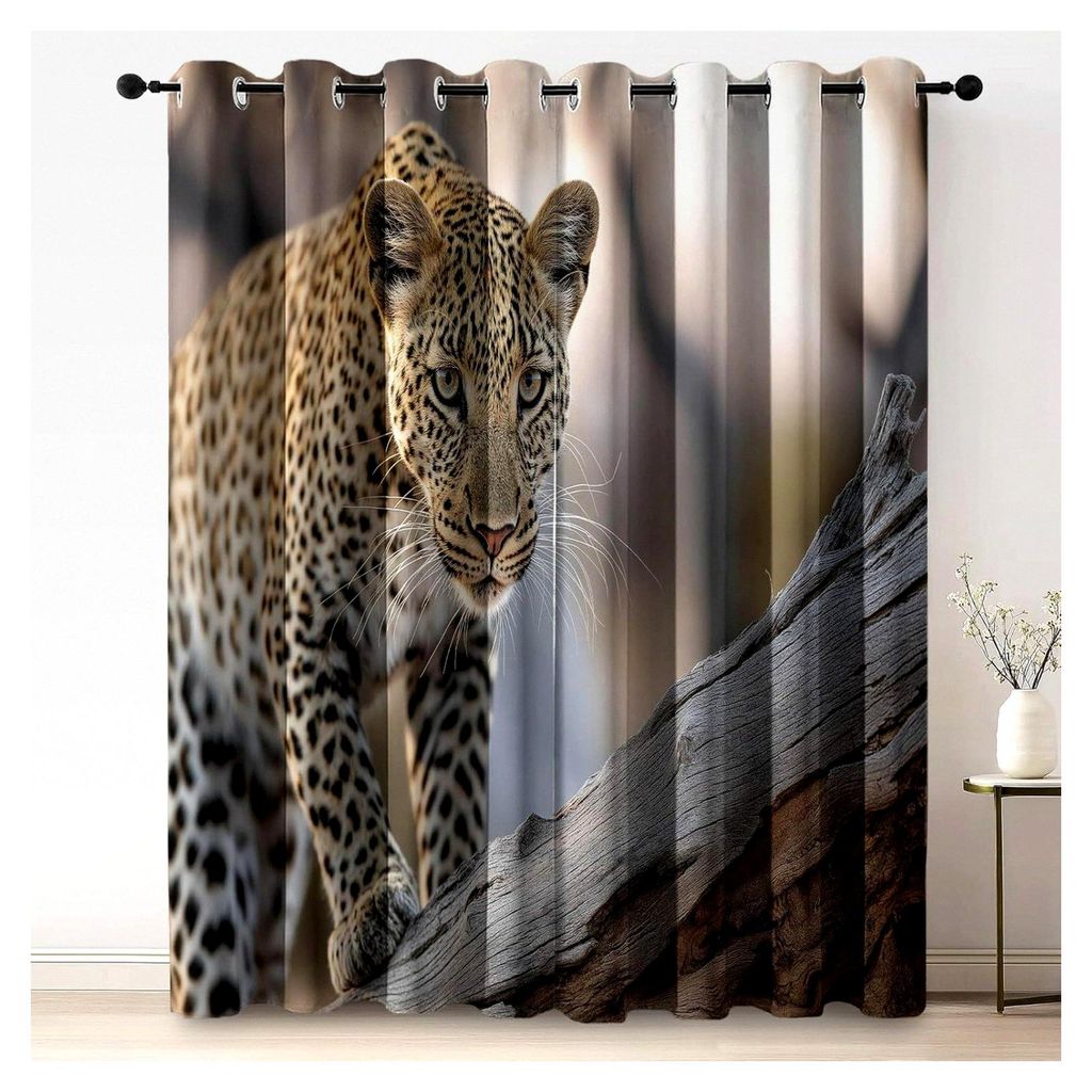 Verdunkelungsvorhänge Tier Wald Leopard mit Ösen, Grau, H214 x B91.5 cm (2er Pack)
