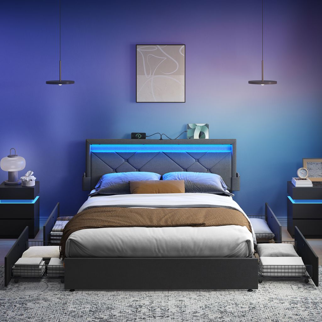 VASAGLE Doppelbettgestell, Bettgestell, 160 x 200 cm, LED, Metallbett, 4 Schubladen, Ladestation, verstellbares gepolstertes Kopfteil, schiefergrau