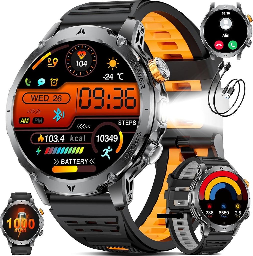 SUNKTA Smartwatch Herren Militär 1000 mAh großer Akku 1,7? HD Bluetooth Anrufe Smartwatch für iOS Android Fitnessuhr,Herzfrequenz/Schlafmonitor/...
