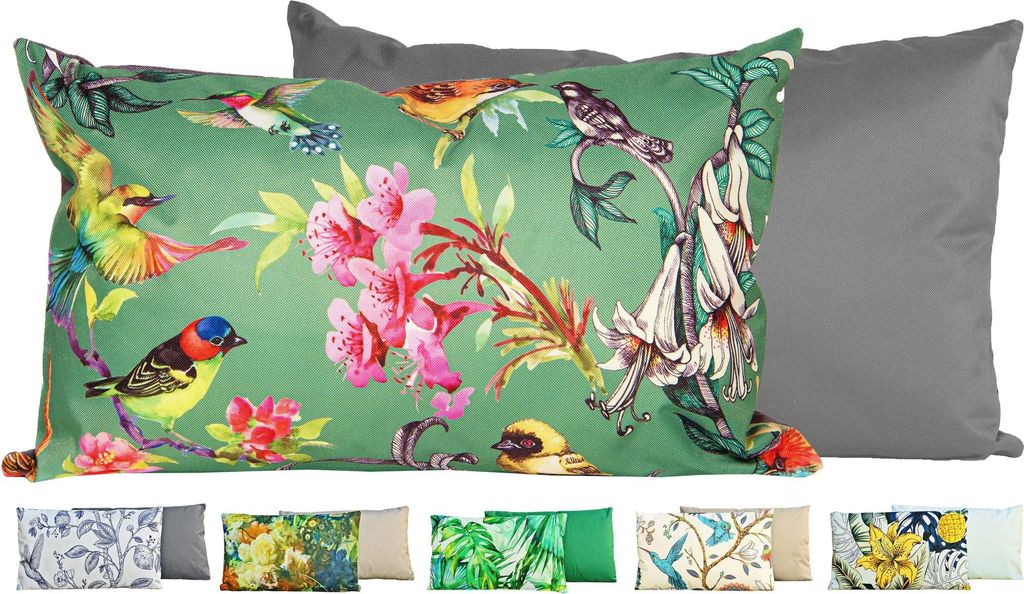 JACK Outdoor Lounge Kissen 30x50cm Motiv Dekokissen inkl. Füllung Wasserfest Sitzkissen Garten Stuhl, Farbe:Vögel Grün