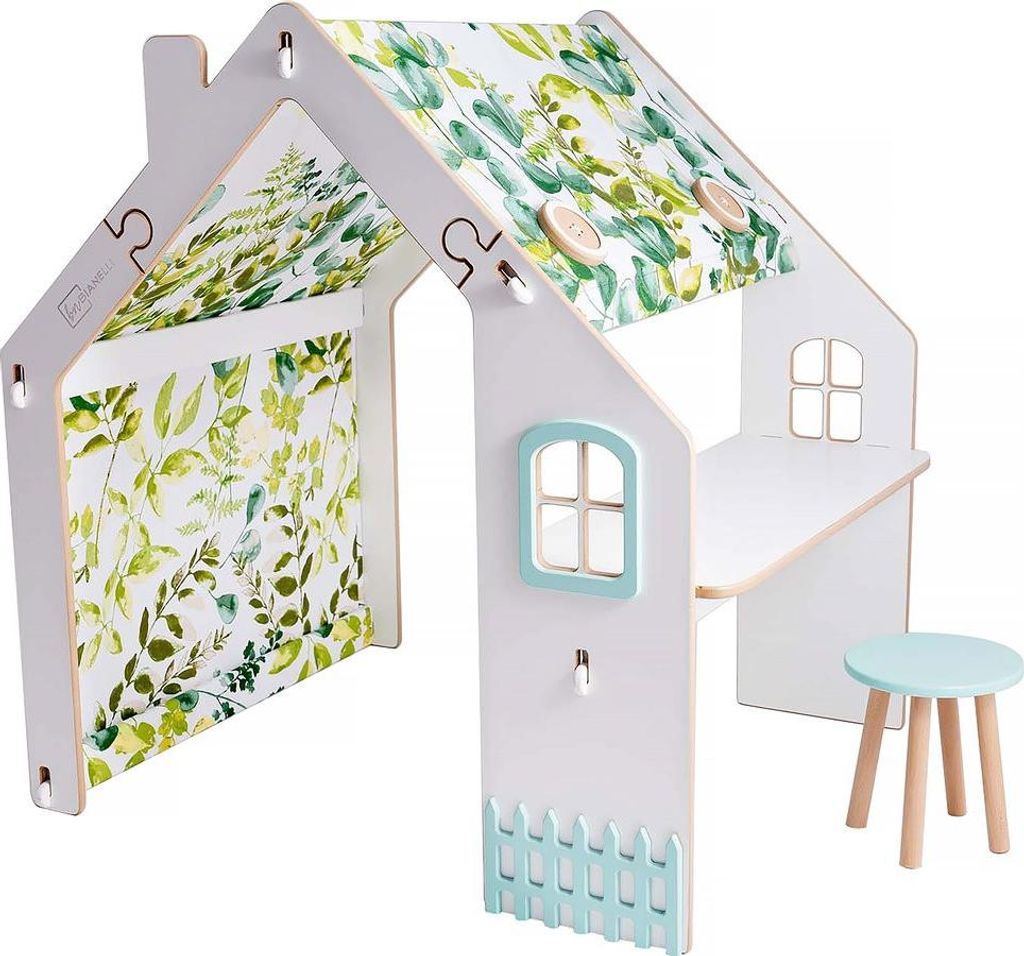 Holzhaus für Kinder "Bianelli" mit Schreibtisch - 114 x 93 x 120 cm - Weiß / Mintfarben