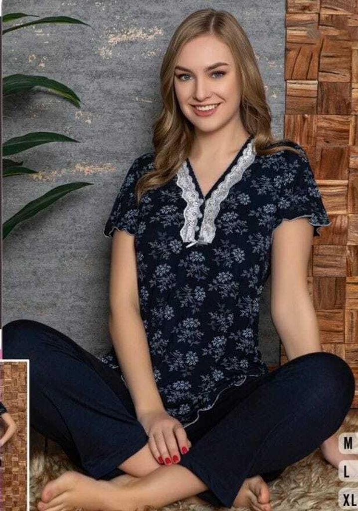 Damen Pyjama Schlafanzug Marineblau XL Kurz Viskose S-90