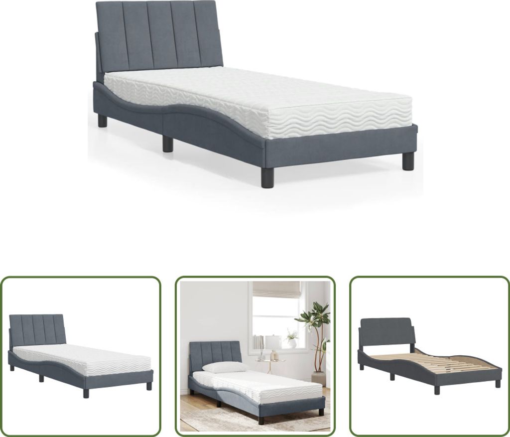 The Living Store Bett mit Matratze Dunkelgrau 90x190 cm Samt