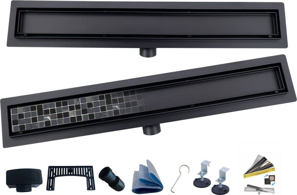 AQUA HEATING 2in1 linearer Edelstahl-Bodenablauf superflach Komplettset für Badezimmer mit bodengleicher Dusche, Duschrinne Set, Duschablauf mit S...