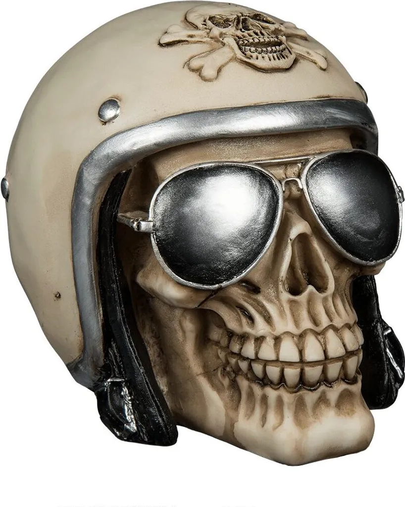 Boîte crâne décorative avec casque de moto blanc en résine premium