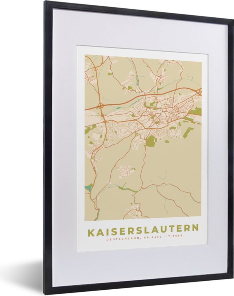 MuchoWow Gerahmtes Poster Kaiserslautern - Karte - Vintage - Stadtplan 30x40 cm - Poster mit Schwarzem Bilderrahmen Wandposter Rahmen Foto Bilder...