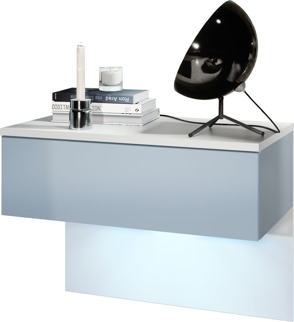 Vladon Nachttisch Sleep, Germany, Nachttischschrank mit Schublade zur Wandmontage, Weiß matt/Denim matt, inkl. LED-Beleuchtung (60 x 46 x 35 cm)