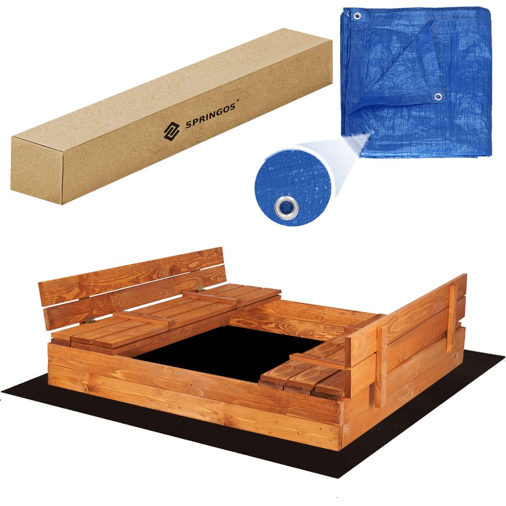 Springos Sandkasten mit Sitzbänken 150 x 150 cm Imprägniert Kinder Holzsandkasten Sandbox mit Deckel Holz Sandkiste mit Abdeckungen und Extra V...
