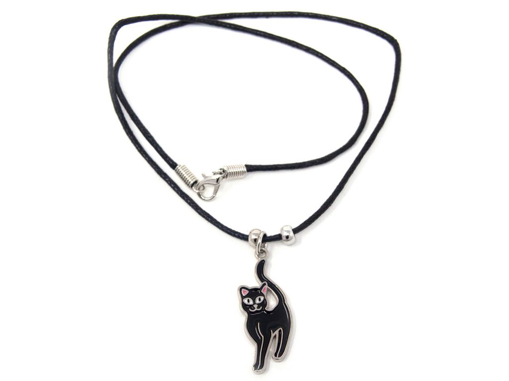 Wachskordelhalskette - schwarze Katze aus Metall Produktbild 
