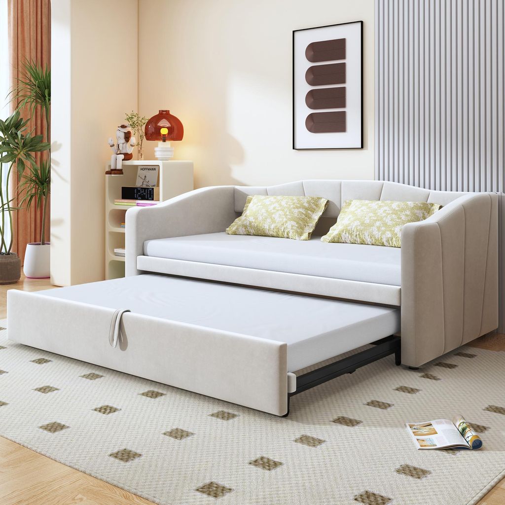 STILVORA Kinderbett 90x200 Tagesbett mit ausziehbarem Polsterbett,Schlafsofa mit Lattenrost,Gebogene Rückenlehne,Beige(Ohne Matratze)