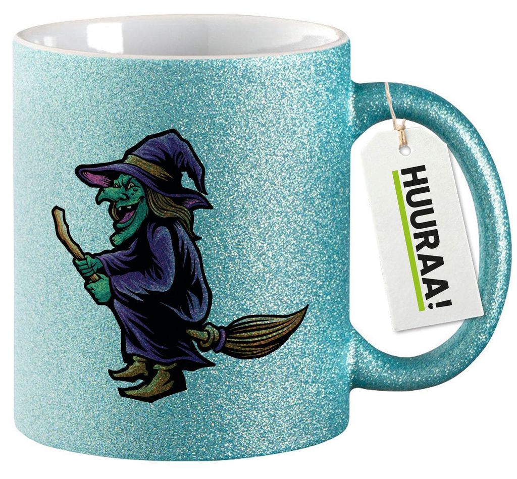 Huuraa Glitzertasse Hexe Halloween 330ml Blau Keramik Kaffeebecher Geschenkidee
