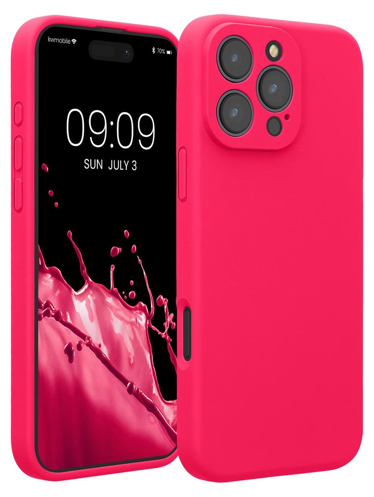 kwmobile Handyhülle für Apple iPhone 16 Pro Max Hülle - gummierte Handy Silikon Case für iPhone 16 Pro Max - Schutzhülle Cover - Neon Pink