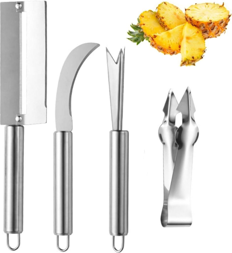 4-teiliges RVS V-förmiger Ananas-Samenentferner - Ananas-Augen-Schäler - Ananas-Schneider - Mango-Schneider mit Clip - Kann auch als Strain-Entfe...
