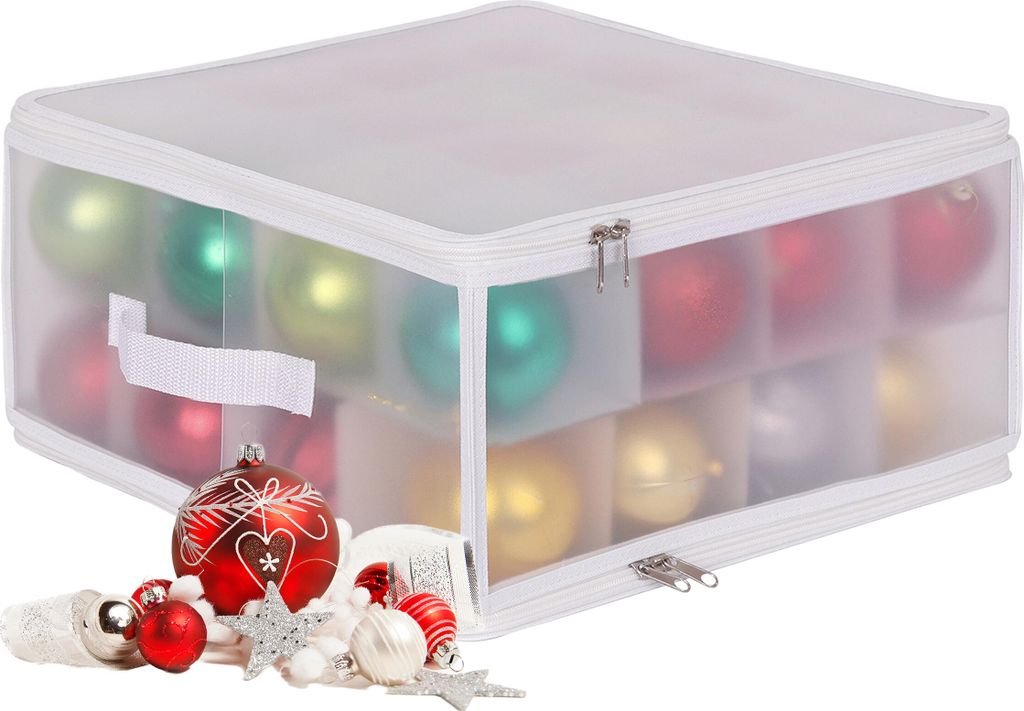 Relaxdays Weihnachtskugel Aufbewahrungsbox, 32 Kugeln, HxBxT: 18x36x36 cm, Kunststoff, Pappe, Kugelbox, transparent/weiß