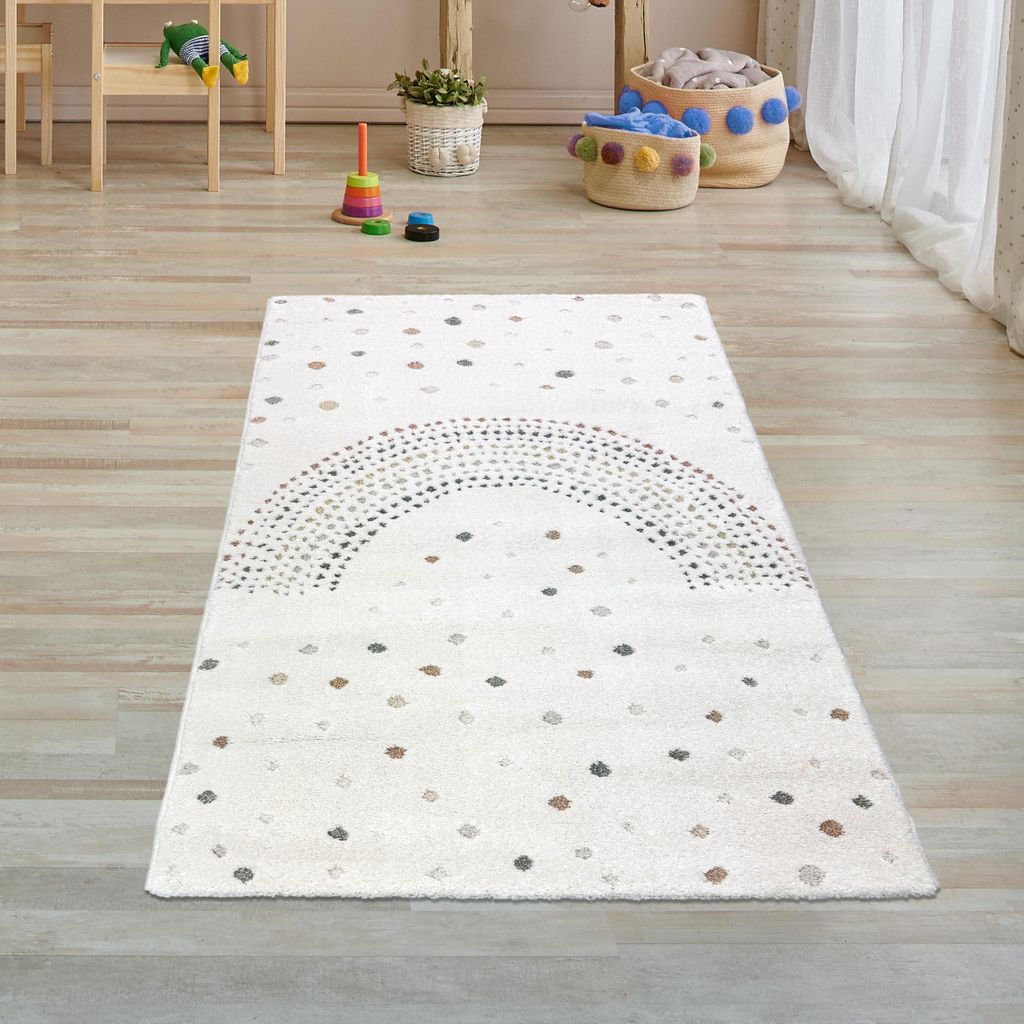 Kinderzimmerteppich 3D-Effekt Regenbogen aus Punkten in creme bunt Größe - 80 x 150 cm
