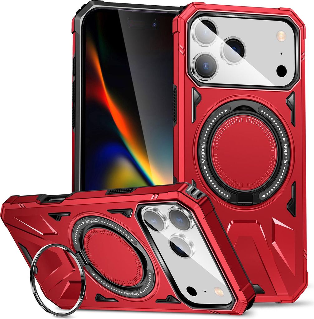 Hülle für iPhone 17 Pro Max Kompatibel mit MagSafe, Dual Layer Robuste Schutzhülle, Magnetischer Ringständer Rot