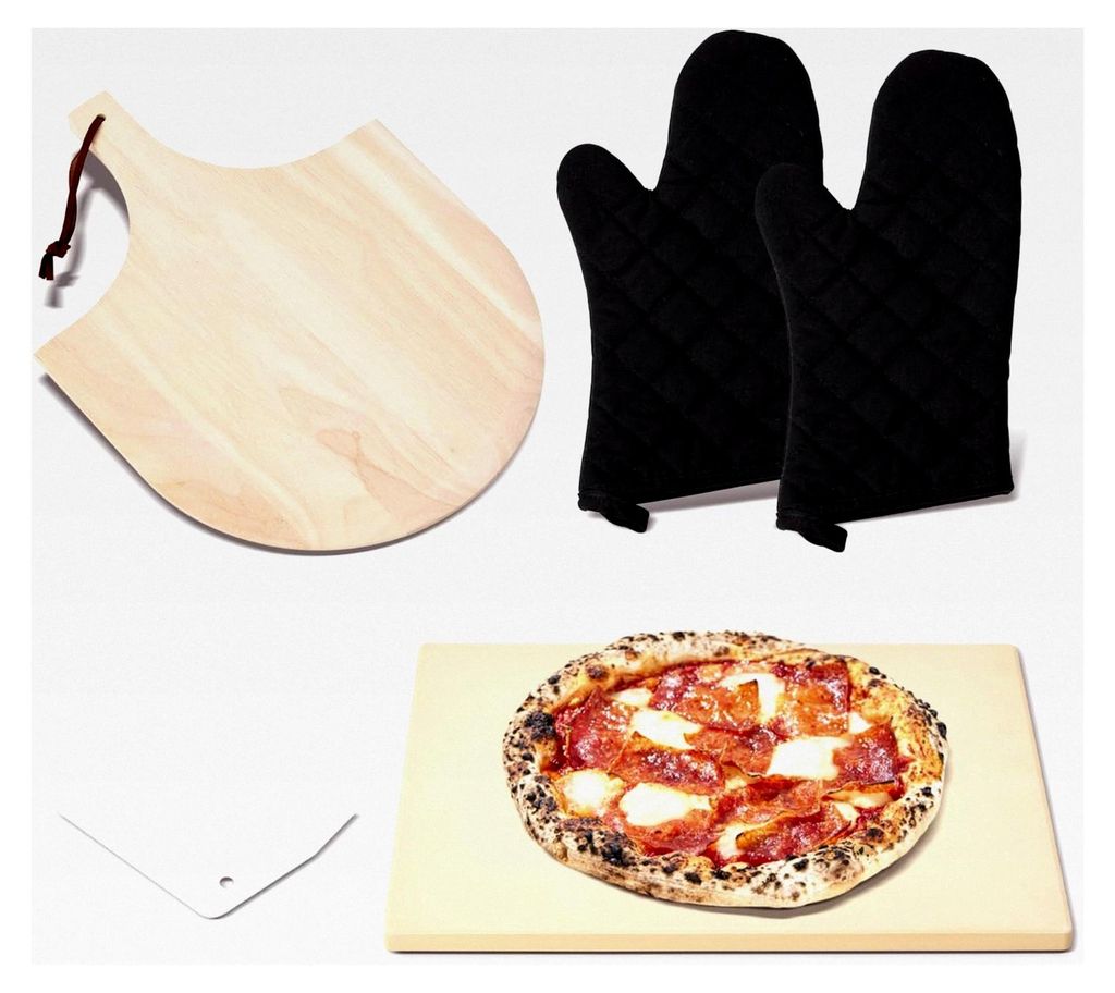 Pizzastein-Set, 30 x 38 cm, rechteckiger Pizzastein für Backofen und Grill, mit Pizzaschieber aus Holz und Ofenhandschuhen, Cordierit-Backstein f...