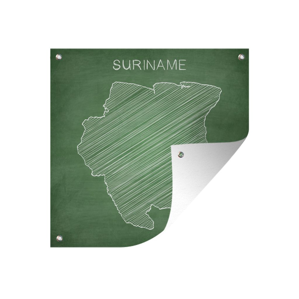 MuchoWow 50x50 cm Outdoor-Poster Gartendeko Sichtschutz Garten Poster für den Garten Illustration einer Karte von Suriname auf einer grünen Wa...