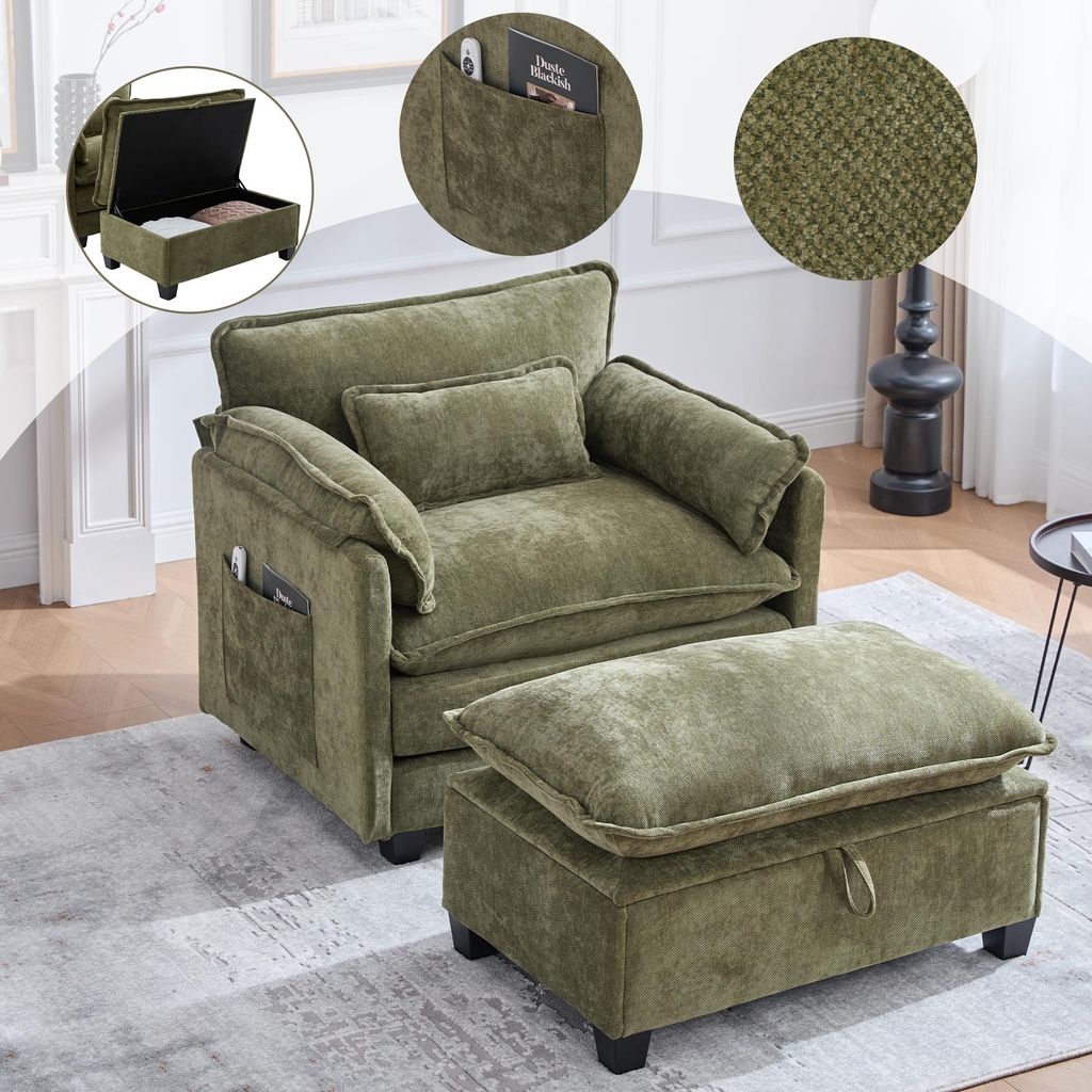 Sweiko Moderner übergroßer Sessel mit Fußstütze und Hocker, Samt-Loungesessel mit Seitentaschen und Kissen, bequemer Lesesessel für Wohnzimmer...