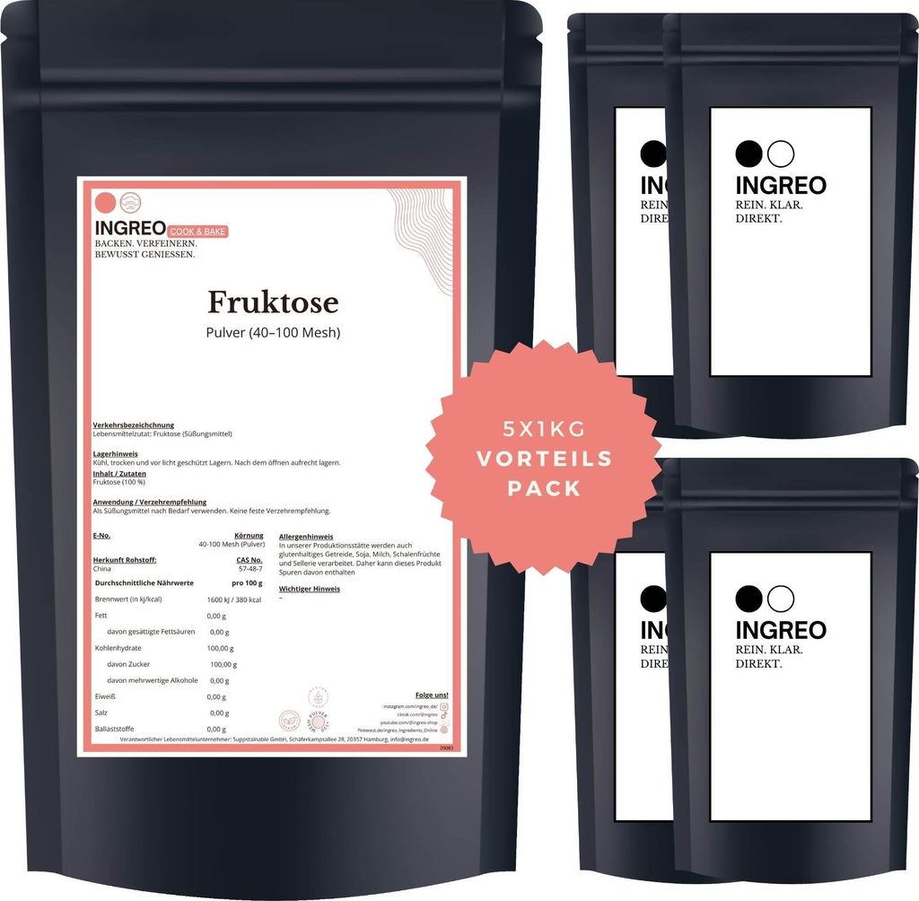 Fruktose  Pulver (40-100 Mesh) – 5kg (5X1kg) Produktbild 