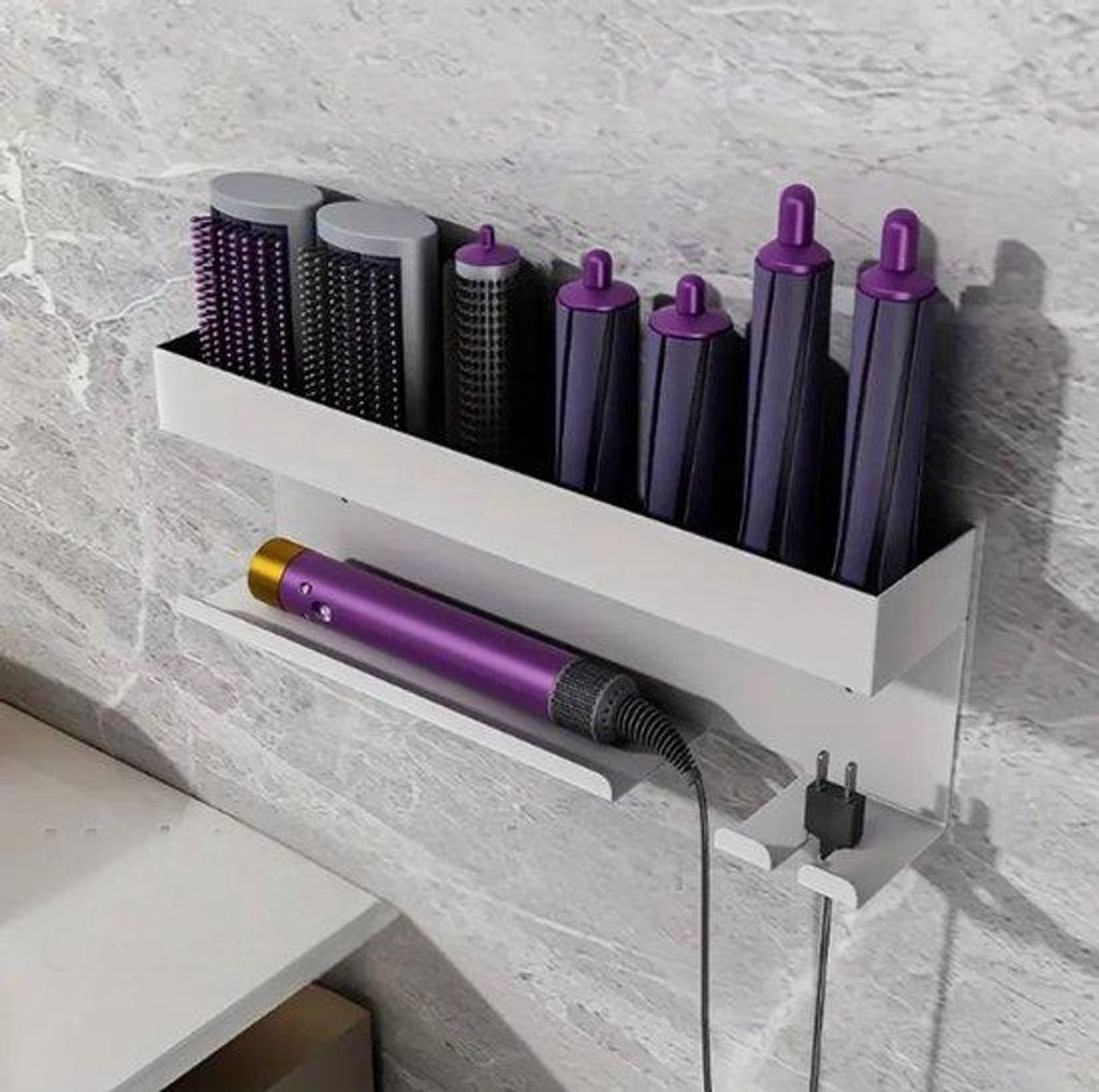 Haarstyling-set, inkl. föhnstandaart, wit, muurbeugel, accessoires