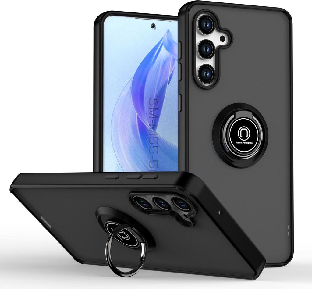 Hülle für Samsung Galaxy M55/F55/C55 Matte Transluzent TPU Stoßfest Schutzhülle mit Ring Halter Ständer Schwarz