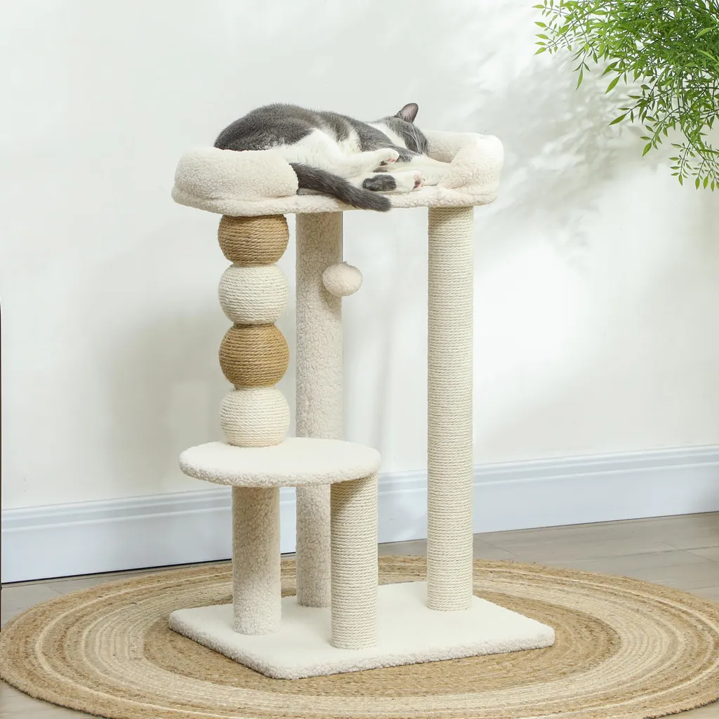 Arbre à chat interactif avec niche douillette et poteaux à griffer - 2