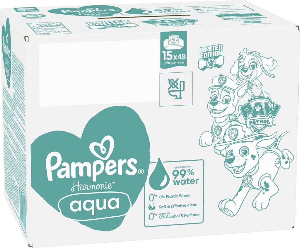 A box of Pampers Harmonie Aqua baby wipes featuring Paw Patrol characters.
