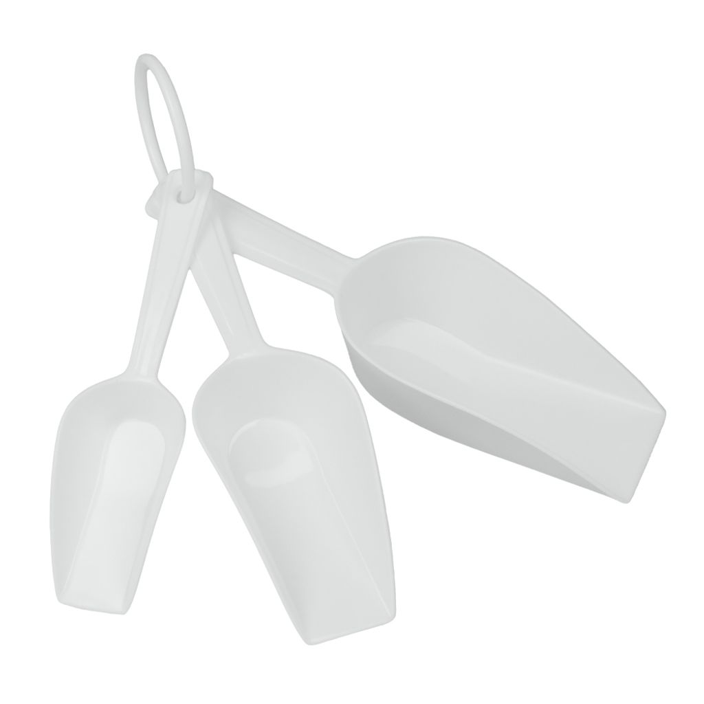 Three white plastic scoops of different sizes are arranged in a cluster on a white background.