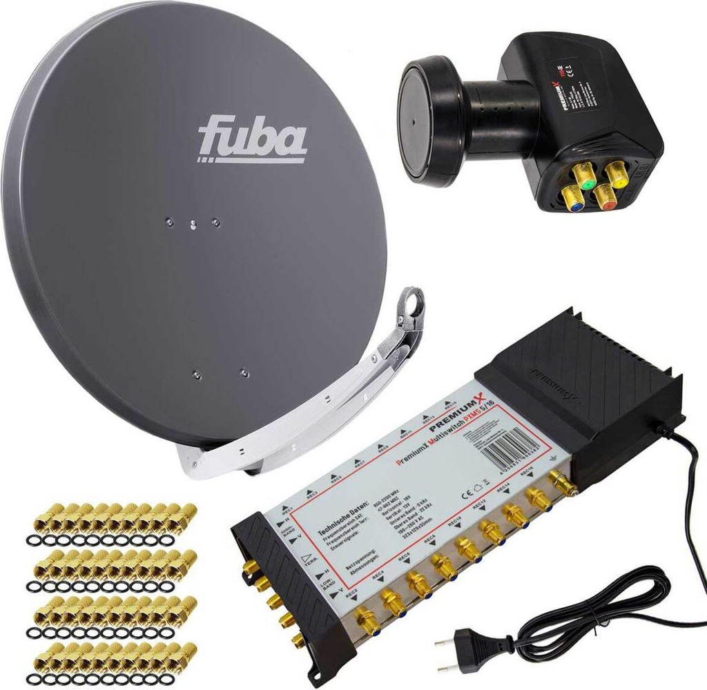 A collection of satellite dish components, including a dish, LNB, and a multischalter, arranged on a white background.