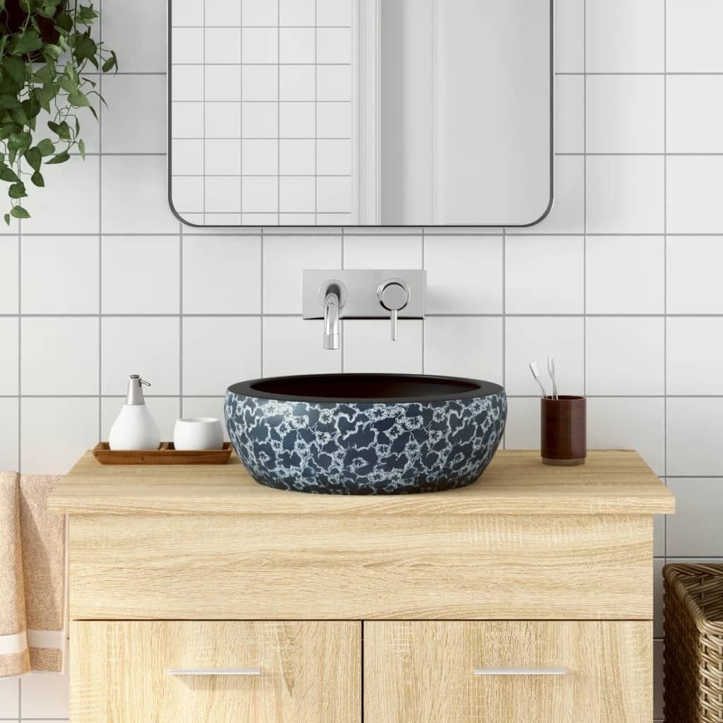 "im Angebot" Aufsatzwaschbecken Schwarz und Blau Rund Ø41x14 cm Keramik - Waschbecken CC1175