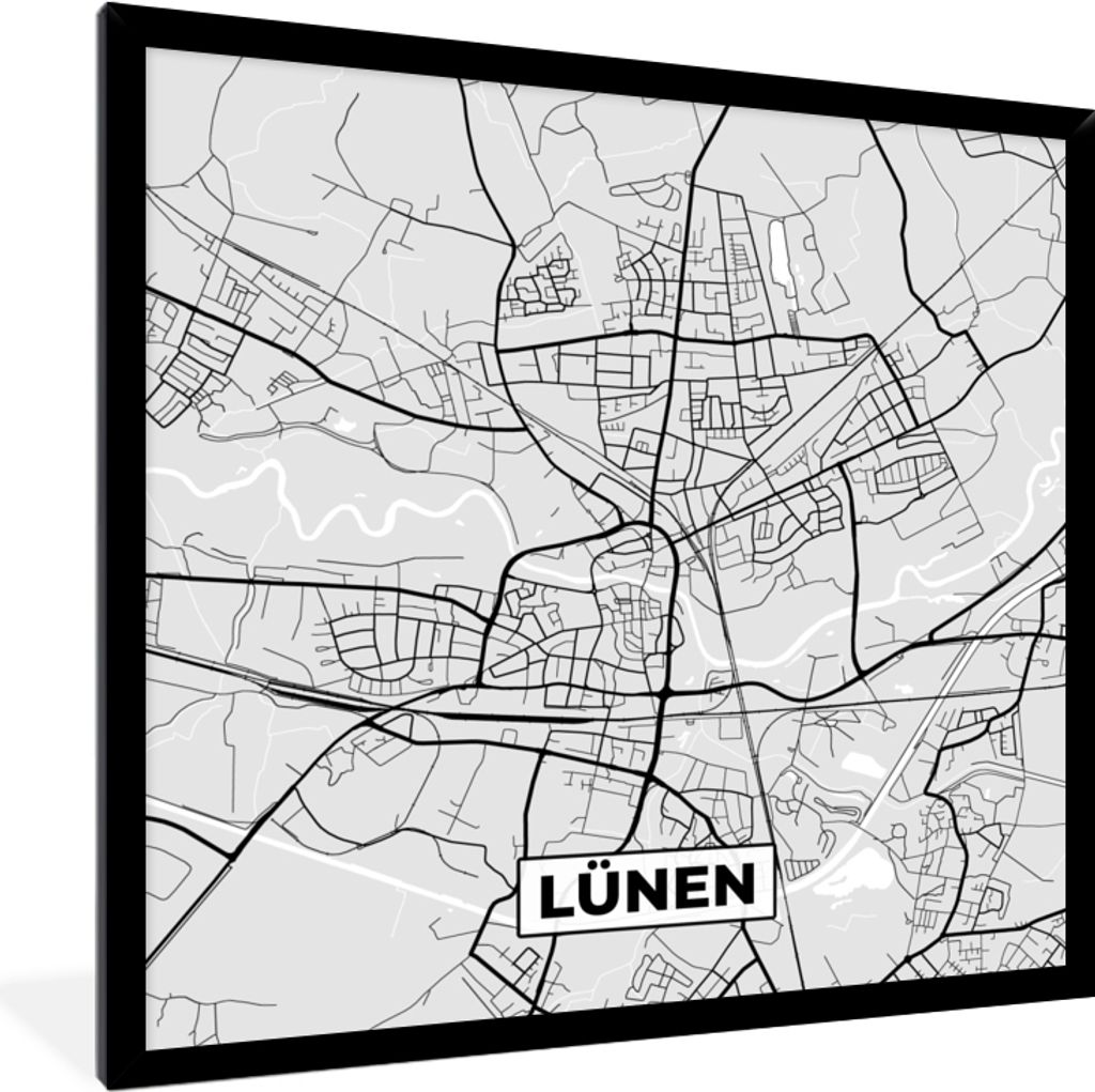 MuchoWow Gerahmtes Poster Lünen - Karte - Stadtplan - Deutschland - Karte 40x40 cm - Poster mit Schwarzem Bilderrahmen Wandposter Rahmen Foto Bi...