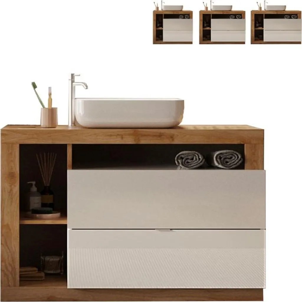 Meuble vasque avec 2 tiroirs soft-close et 3 niches bois chêne clair et blanc