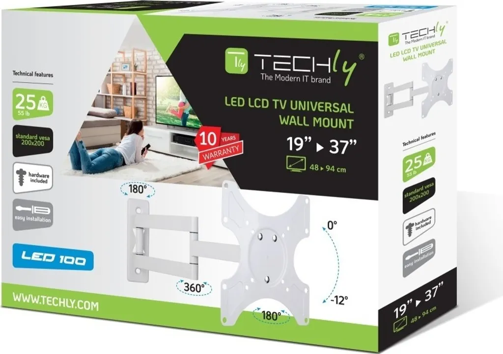 Fini les Reflets : Support Mural TV Orientable 19 à 37 Pouces Blanc Techly LCD - 8