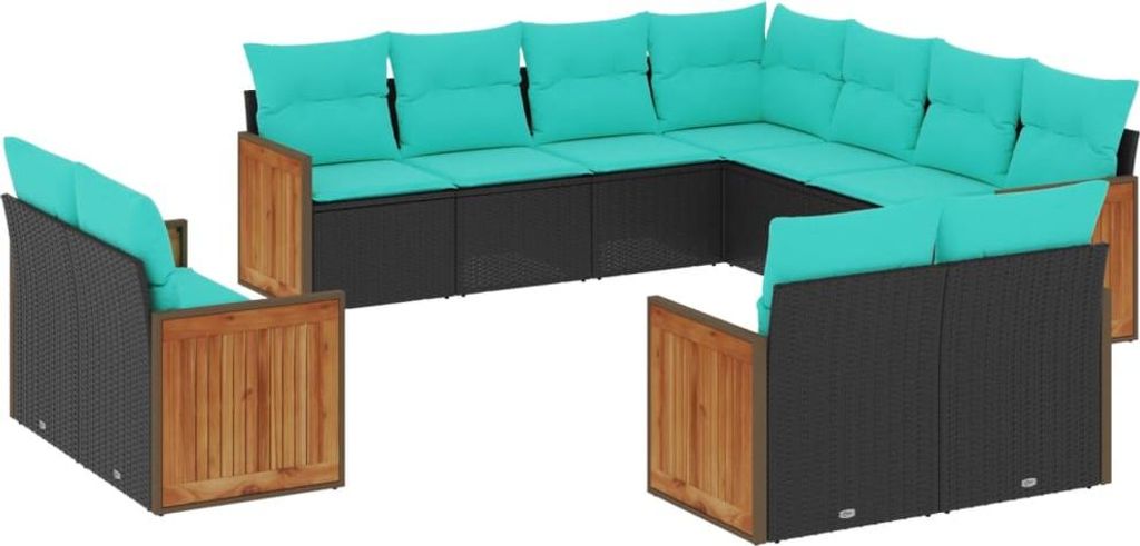 11-teiliges Gartensofa-Set mit Kissen, schwarzes Polyrattan