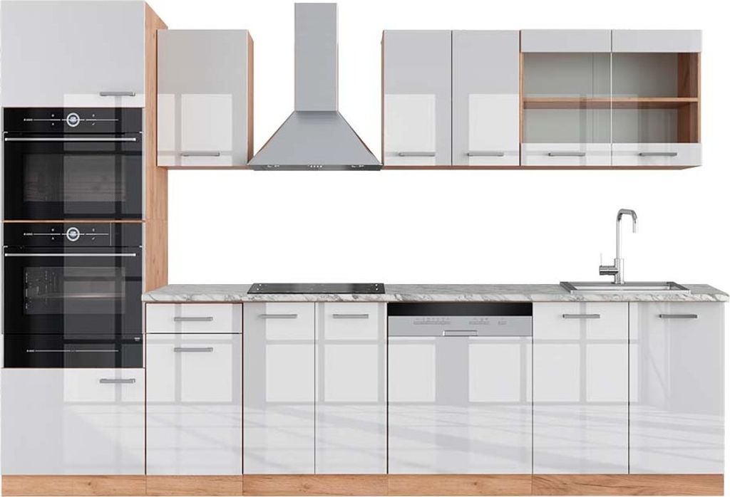 Küchenzeile Vicco R-Line Weiß Hochglanz/Goldkraft Eiche 300 cm mit Hochschrank, AP Marmor, Model 43031