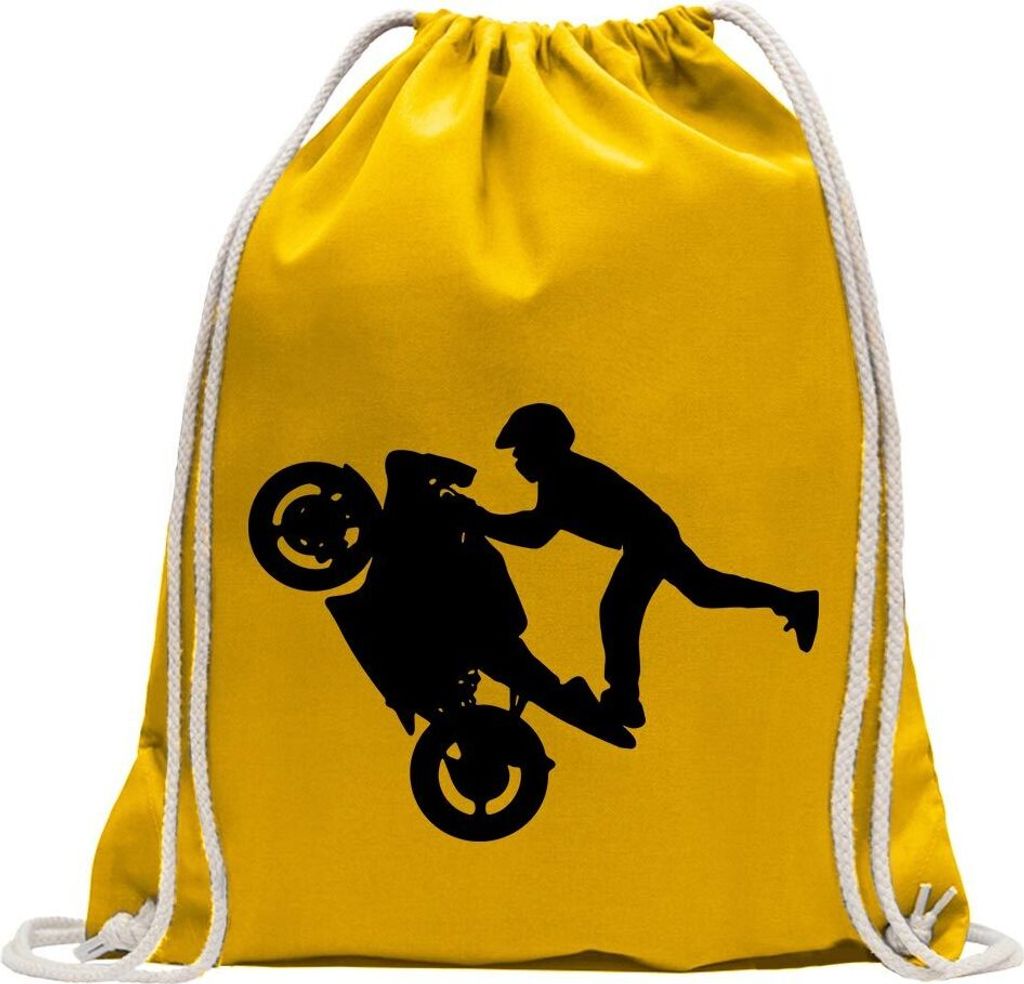 Kiwistar - Turnbeutel - gelb - Motorradfahrer - Rennmaschine - Fun Rucksack Sport Beutel Gymsack Baumwolle mit Ziehgurt